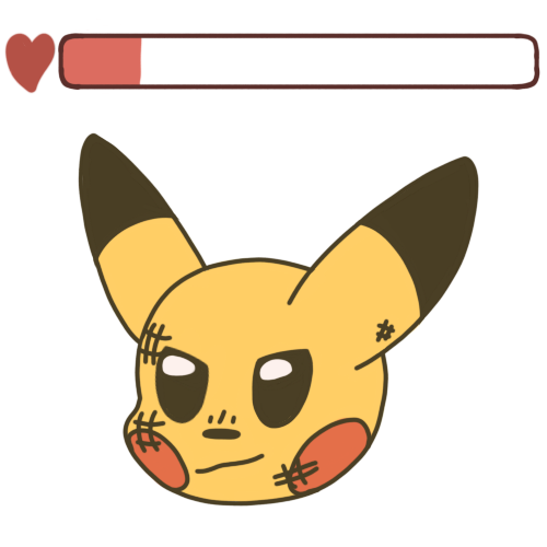  A nearly empty, red health bar with a red heart to the left of the bar. Underneath is a determined pikachu face with several crosshatches indicating injury.